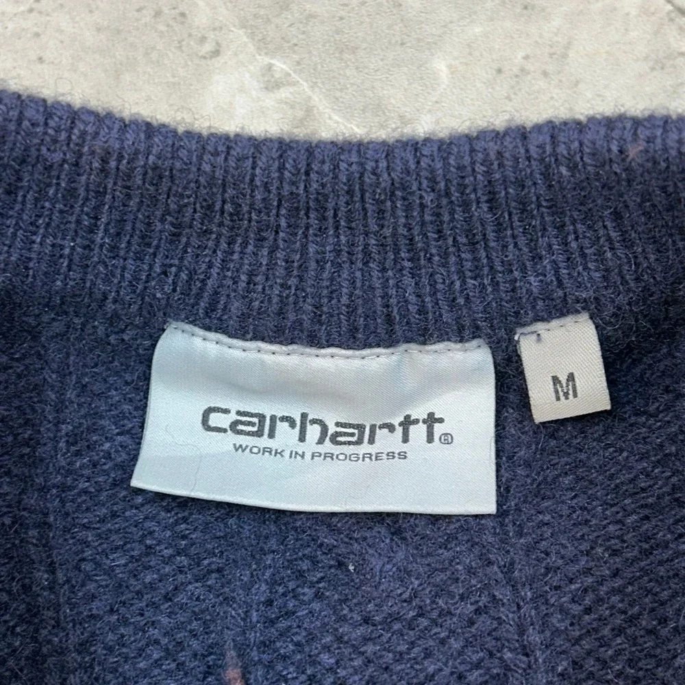 Carhartt WIP Cable Knit Fisherman Sweater Men Medium Wool Pullover Crewneck Navy